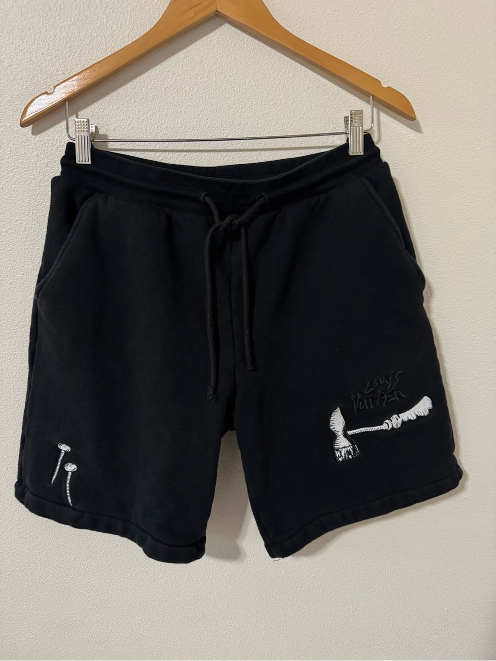 Louis Vuitton Tool Print Embroidery Shorts Black Heavyweight Fleece Drawstring-M